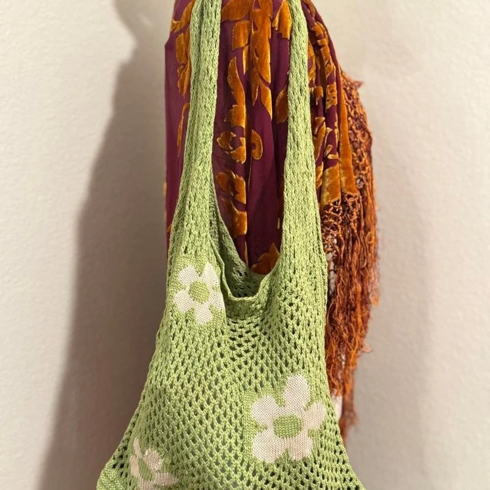Vintage 2000s boho crochet green floral bag - Picture 1 of 5